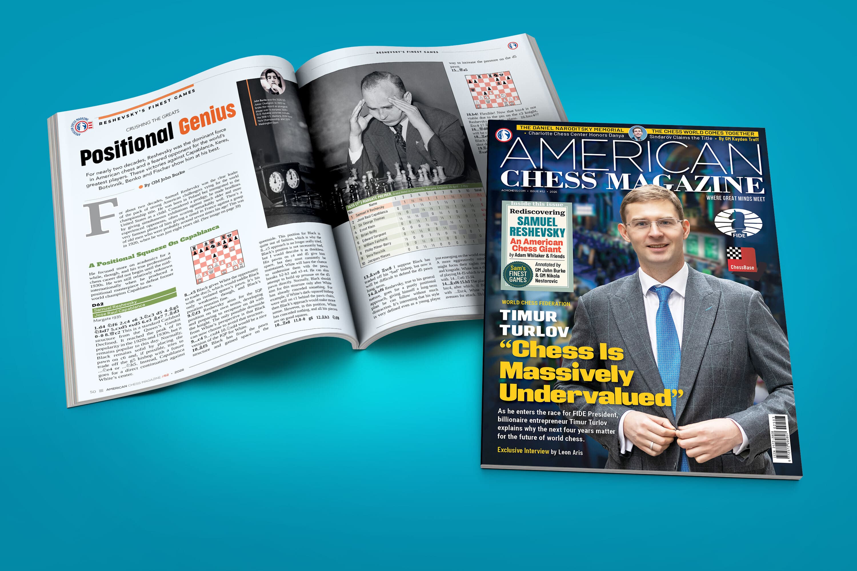 American Chess Magazine #52 spread: Reshevsky's Finest Games, by GM John Burke