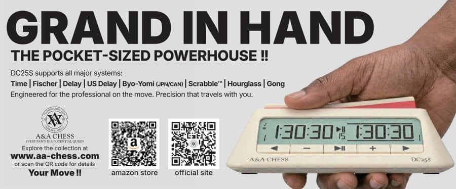 A&A Chess: Grand in Hand chess clock, advertisement printed in American Chess Magazine