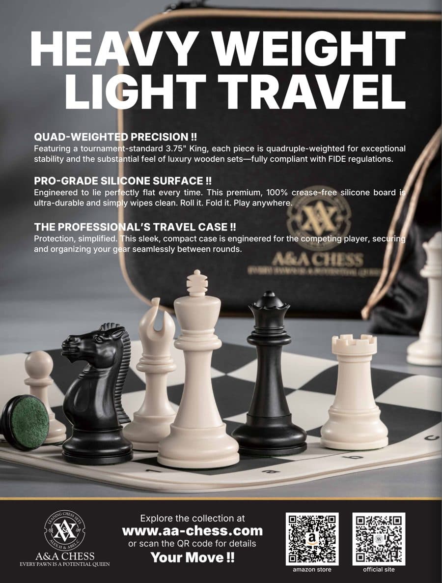 A&A Chess: Heavy Weight, Light Travel, advertisement printed in American Chess Magazine