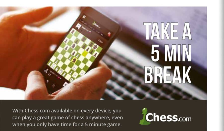 Chess.com: Take a 5 min break, advertisement printed in American Chess Magazine