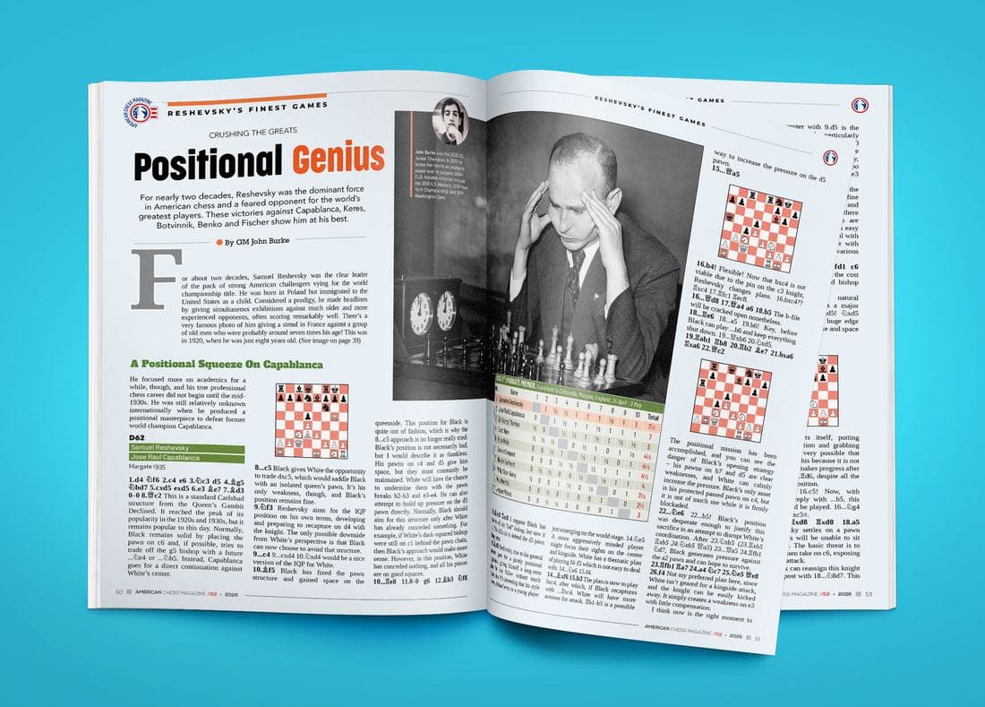 American Chess Magazine #52 spread: Reshevsky's Finest Games, by GM John Burke